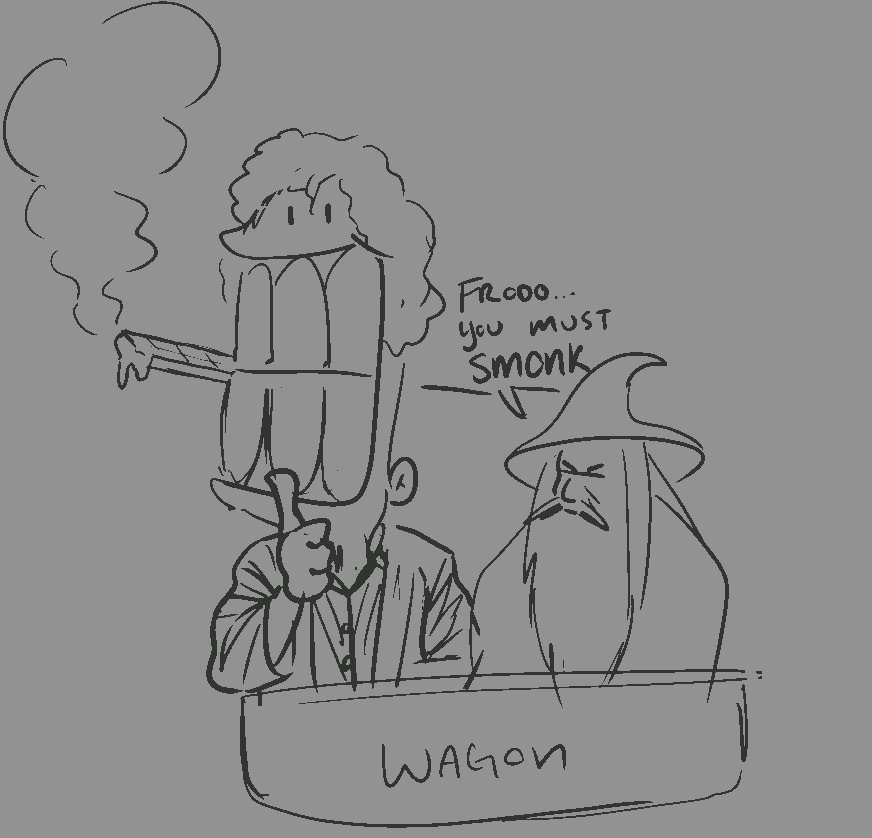 frodo smoking a bar of chocolate while gandalf says 'frodo... you must SMONK'